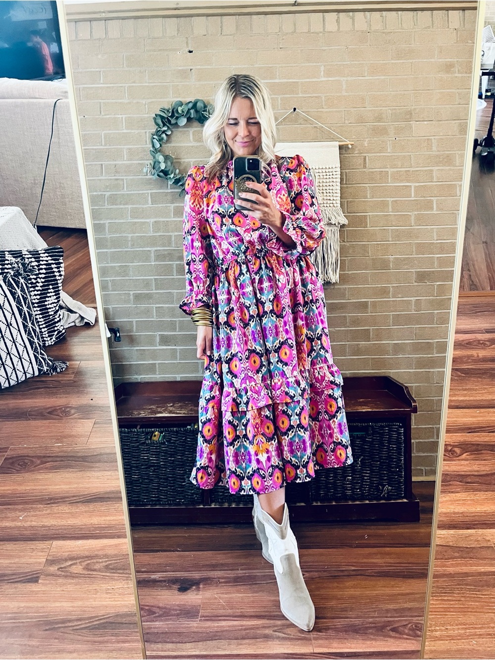 Umgee Fuchsia, Orange and Black Printed Midi Dress